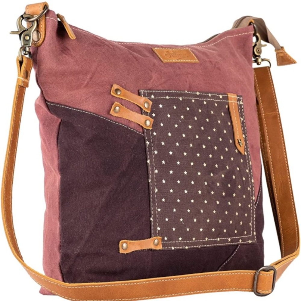 Sixtease women’s shoulder bag. Made out of genuine leather and up-cycled canvas